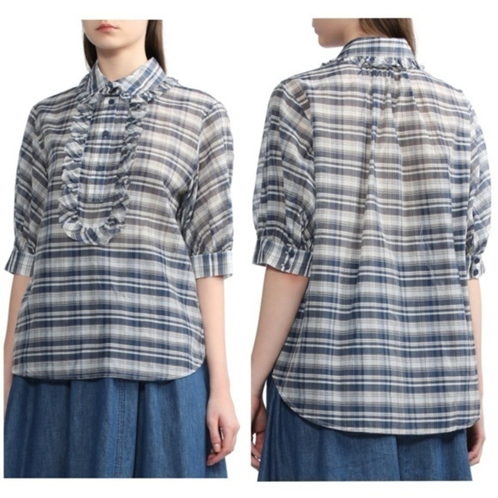 Lee Mathews Silk Blend Plaid Ruffle Short Sleeve Paley Collared Top Blouse Blue
